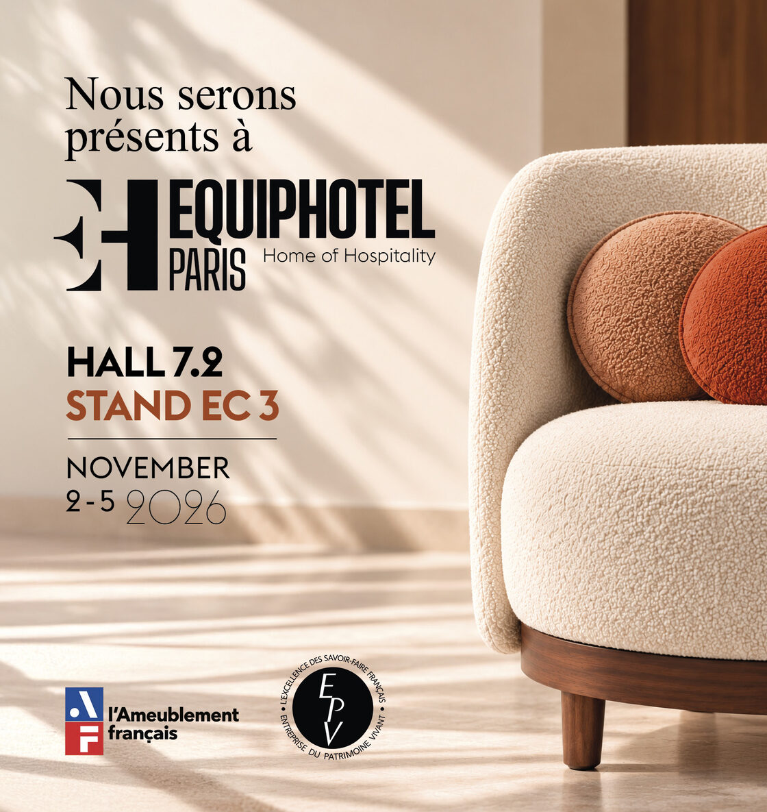 Nous serons présents à Equiphotel Paris — Hall 7.2, Stand EC 3 — 2 au 5 novembre 2026